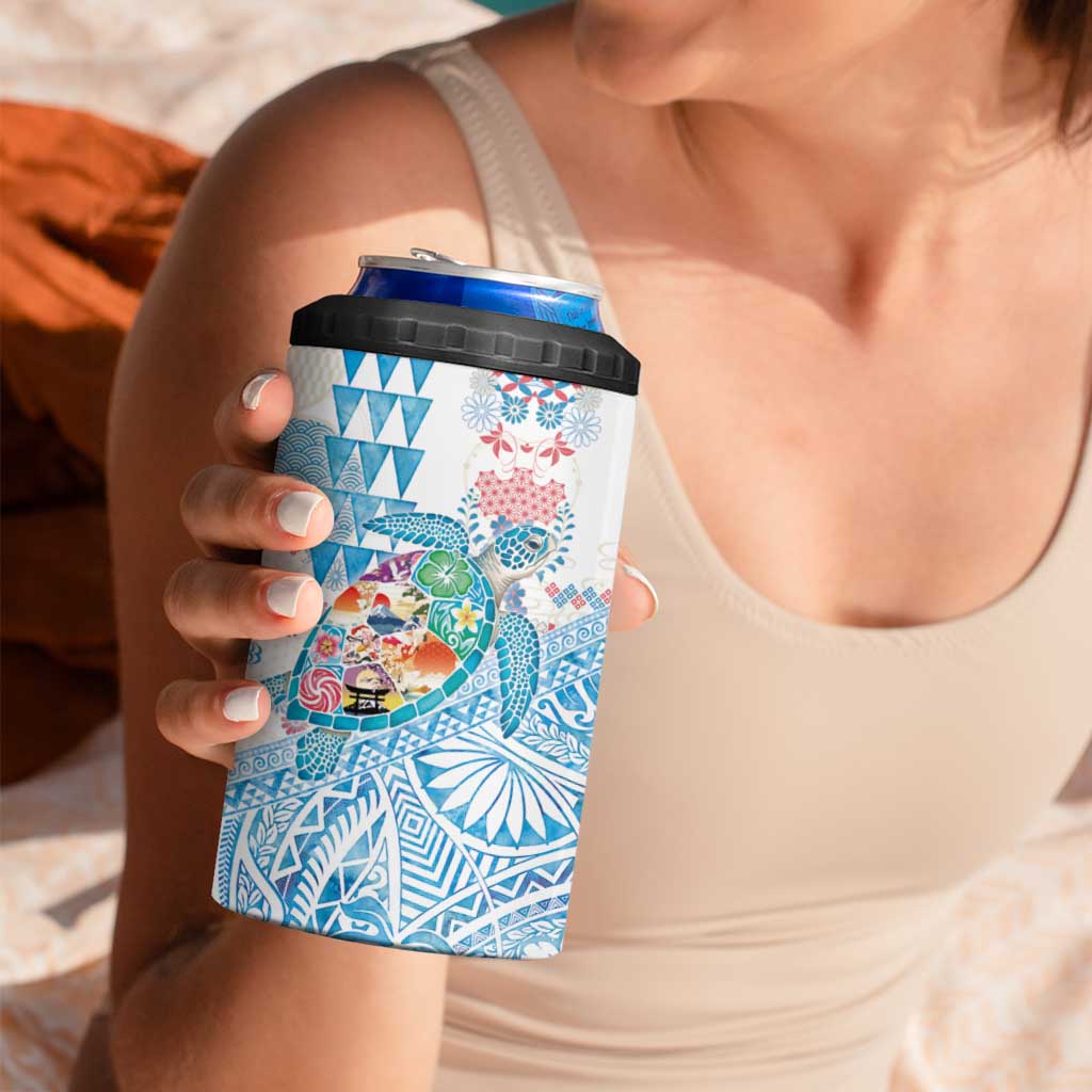 Hawaiian and Japanese Culture Together 4 in 1 Can Cooler Tumbler Tropical Honu with Japanese Elements Blue Color