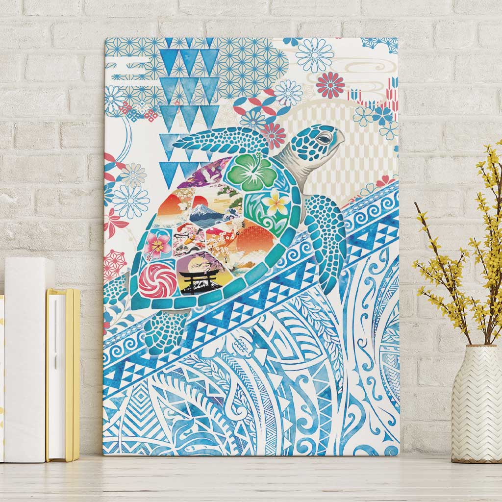 Hawaiian and Japanese Culture Together Canvas Wall Art Tropical Honu with Japanese Elements Blue Color