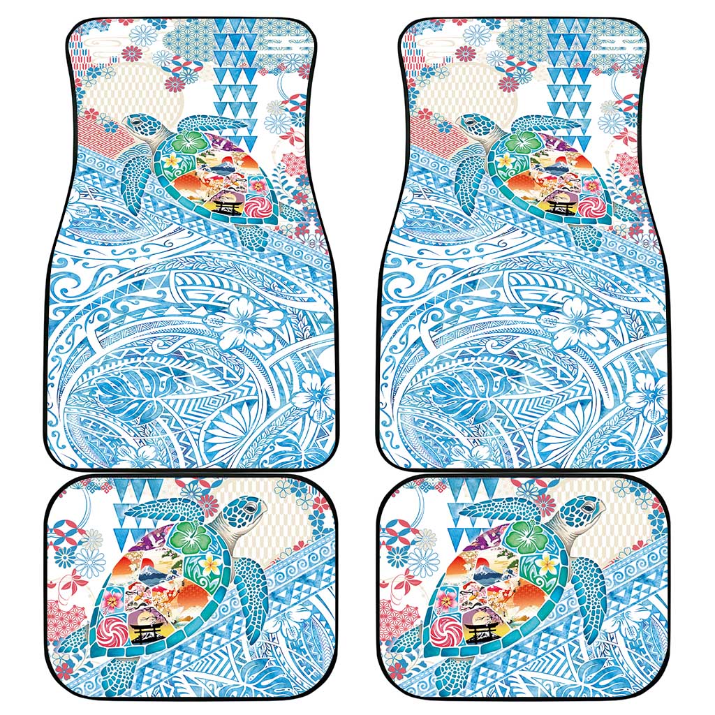 Hawaiian and Japanese Culture Together Car Mats Tropical Honu with Japanese Elements Blue Color