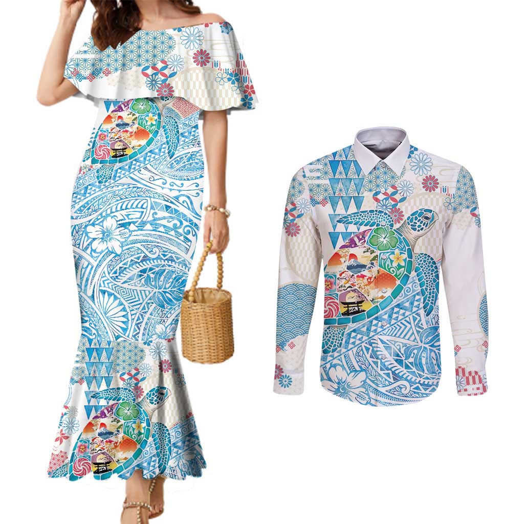 Hawaiian and Japanese Culture Together Couples Matching Mermaid Dress and Long Sleeve Button Shirt Tropical Honu with Japanese Elements Blue Color LT03 Blue - Polynesian Pride
