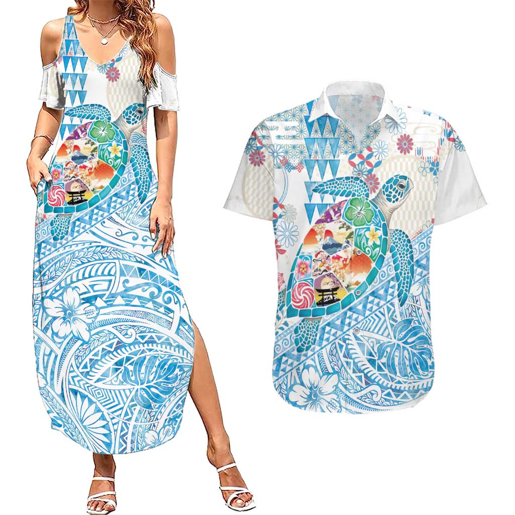 Hawaiian and Japanese Culture Together Couples Matching Summer Maxi Dress and Hawaiian Shirt Tropical Honu with Japanese Elements Blue Color LT03 Blue - Polynesian Pride