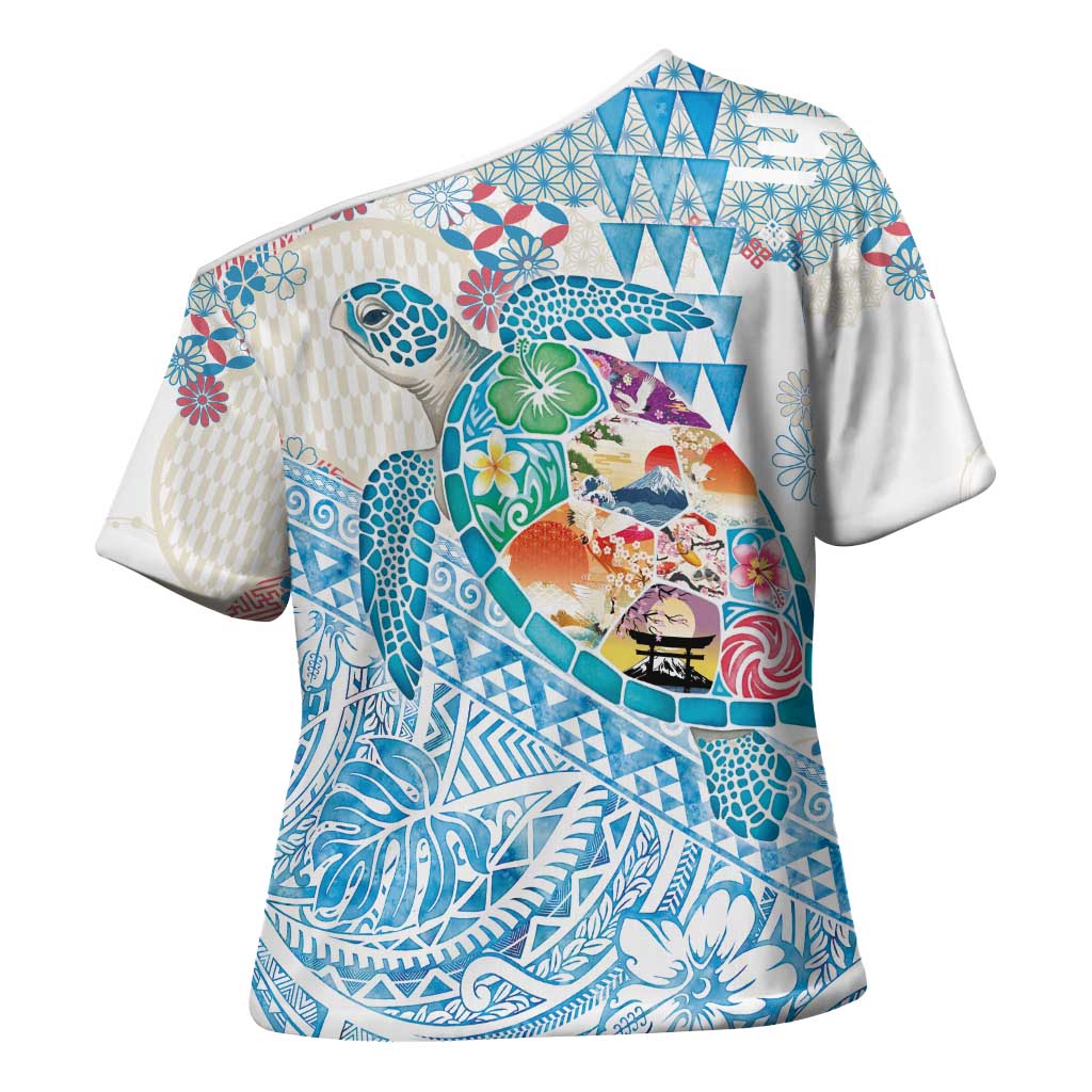 Hawaiian and Japanese Culture Together Cross Shoulder Shirt Tropical Honu with Japanese Elements Blue Color