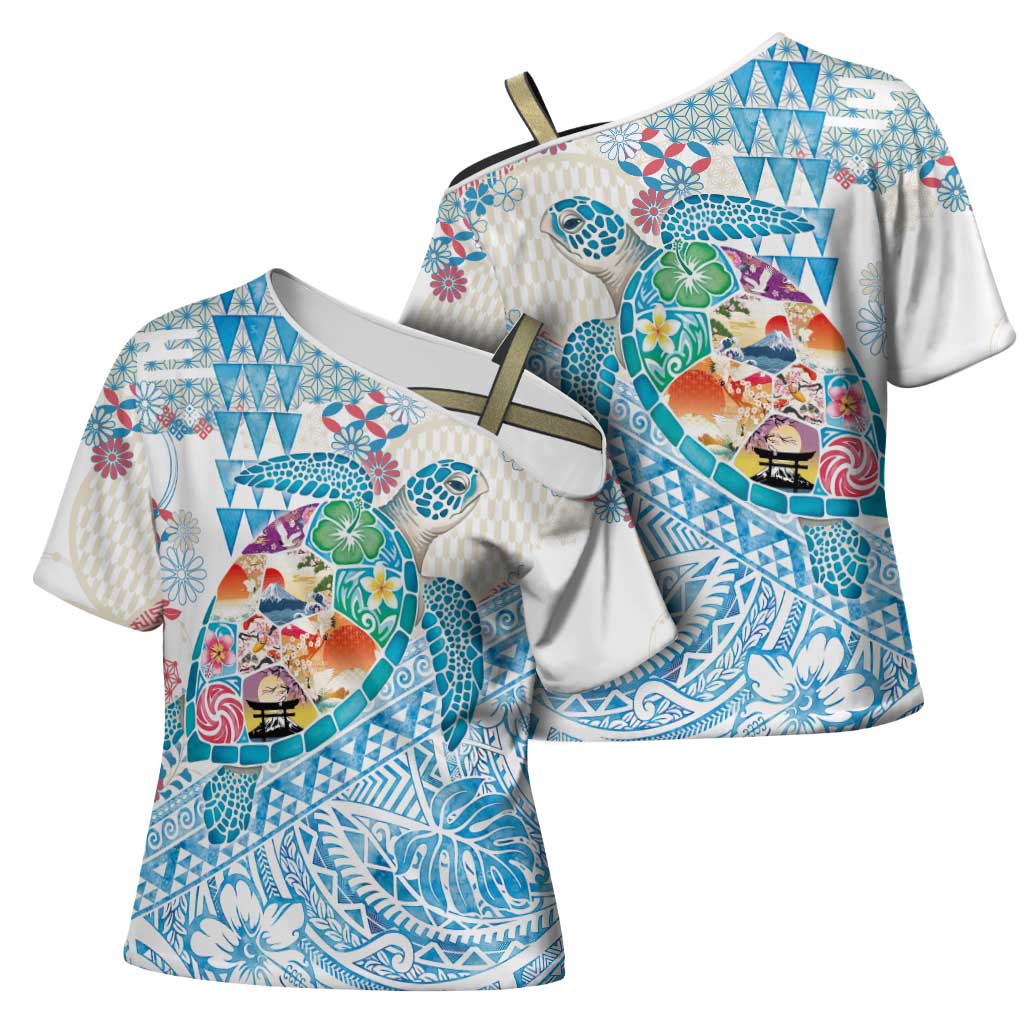 Hawaiian and Japanese Culture Together Cross Shoulder Shirt Tropical Honu with Japanese Elements Blue Color