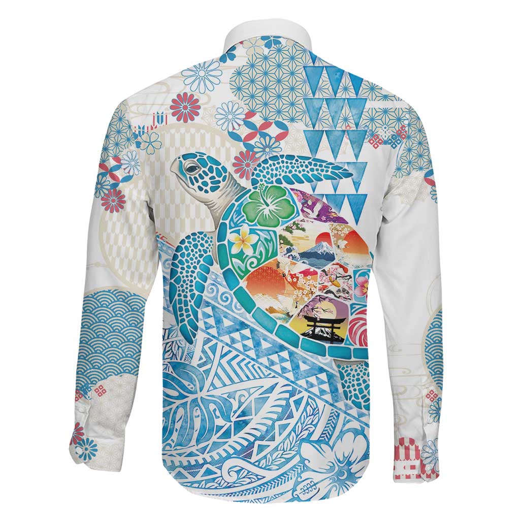 Hawaiian and Japanese Culture Together Family Matching Long Sleeve Bodycon Dress and Hawaiian Shirt Tropical Honu with Japanese Elements Blue Color LT03 - Polynesian Pride