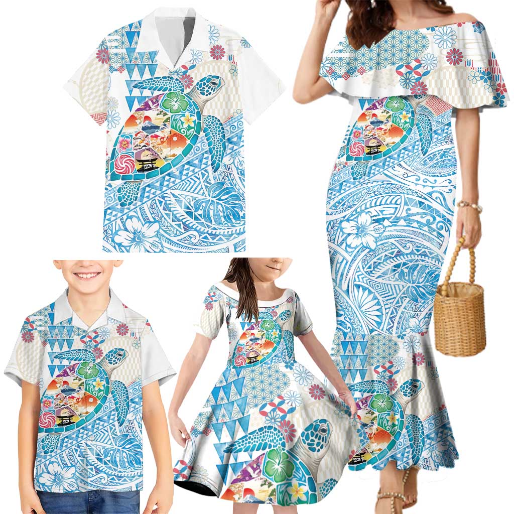 Hawaiian and Japanese Culture Together Family Matching Mermaid Dress and Hawaiian Shirt Tropical Honu with Japanese Elements Blue Color LT03 - Polynesian Pride