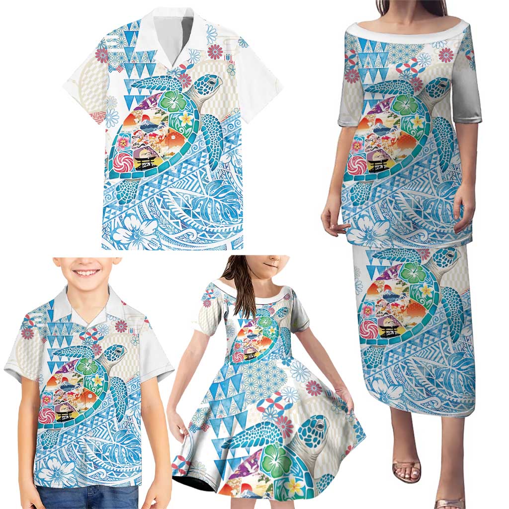 Hawaiian and Japanese Culture Together Family Matching Puletasi and Hawaiian Shirt Tropical Honu with Japanese Elements Blue Color