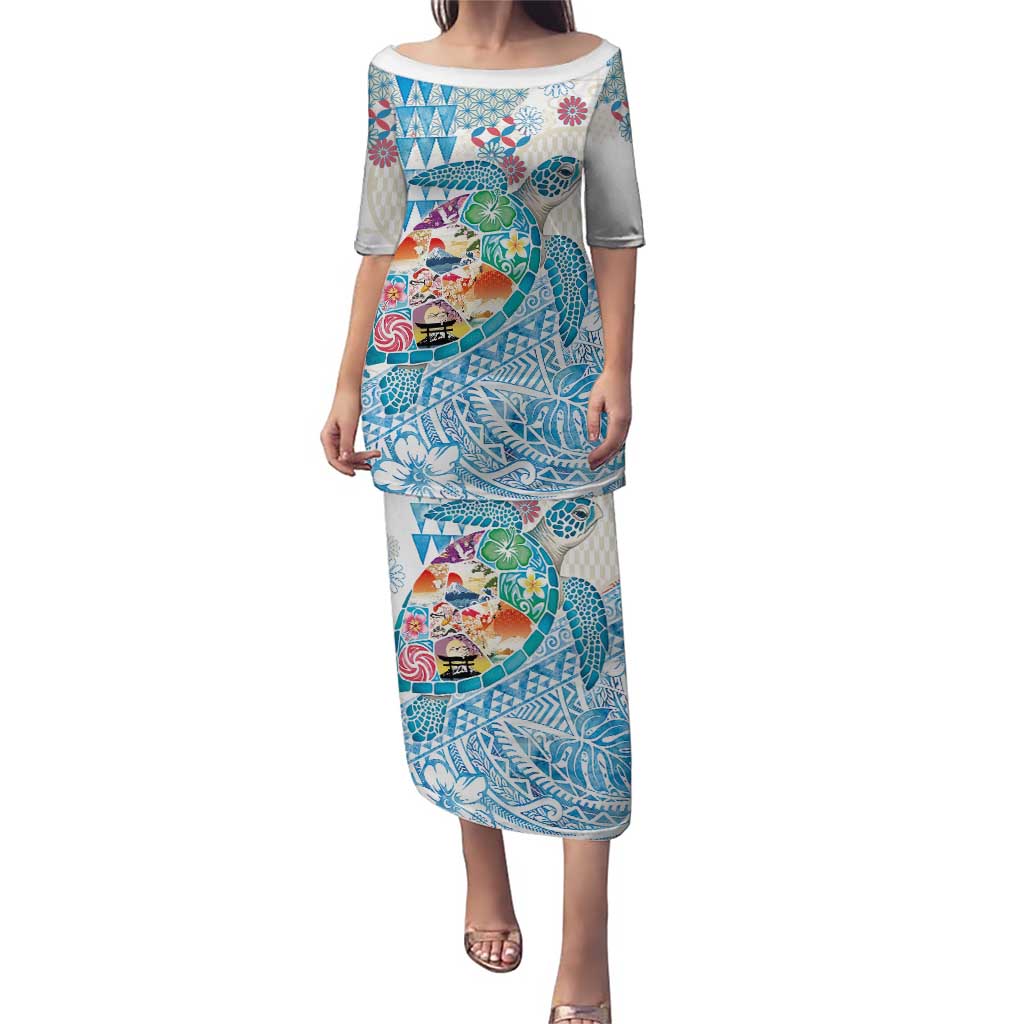 Hawaiian and Japanese Culture Together Family Matching Puletasi and Hawaiian Shirt Tropical Honu with Japanese Elements Blue Color