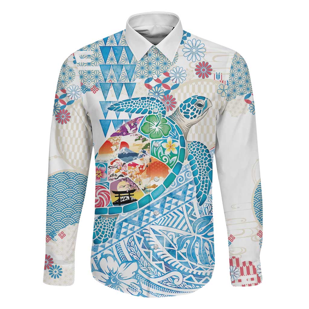 Hawaiian and Japanese Culture Together Family Matching Short Sleeve Bodycon Dress and Hawaiian Shirt Tropical Honu with Japanese Elements Blue Color LT03 Dad's Shirt - Long Sleeve Blue - Polynesian Pride