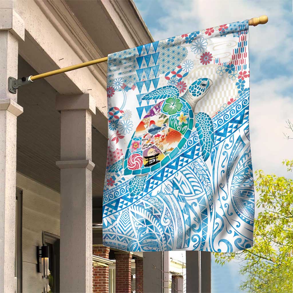 Hawaiian and Japanese Culture Together Garden Flag Tropical Honu with Japanese Elements Blue Color