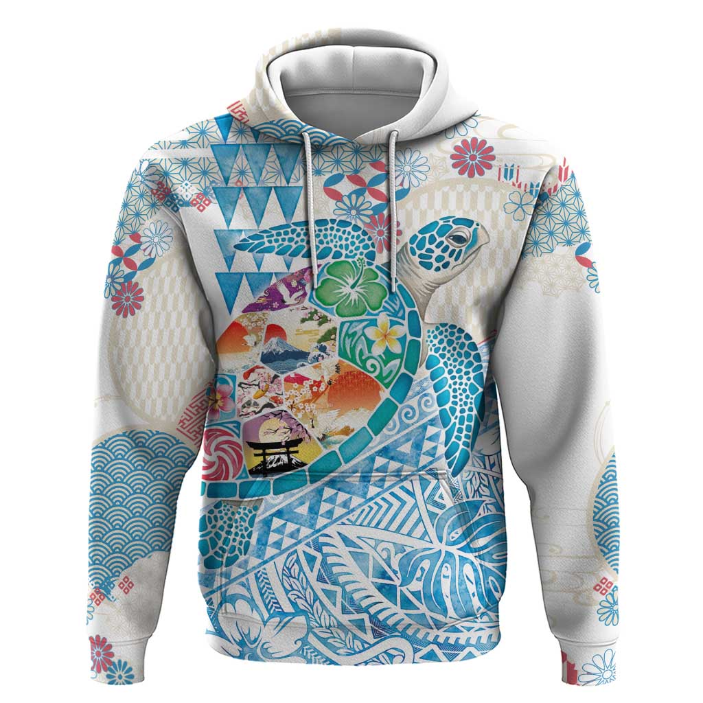 Hawaiian and Japanese Culture Together Hoodie Tropical Honu with Japanese Elements Blue Color