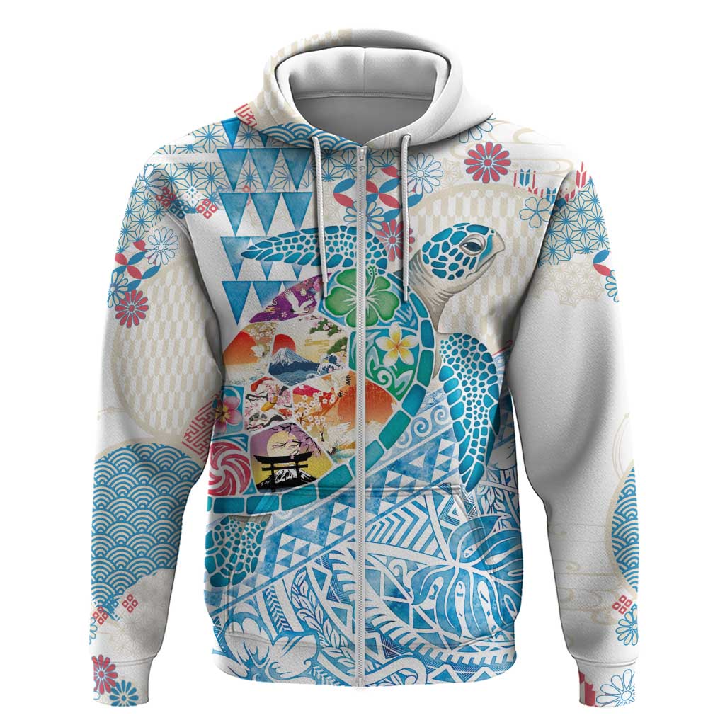 Hawaiian and Japanese Culture Together Hoodie Tropical Honu with Japanese Elements Blue Color