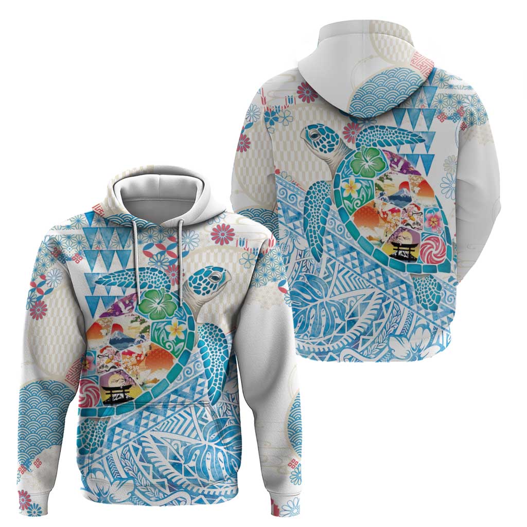 Hawaiian and Japanese Culture Together Hoodie Tropical Honu with Japanese Elements Blue Color