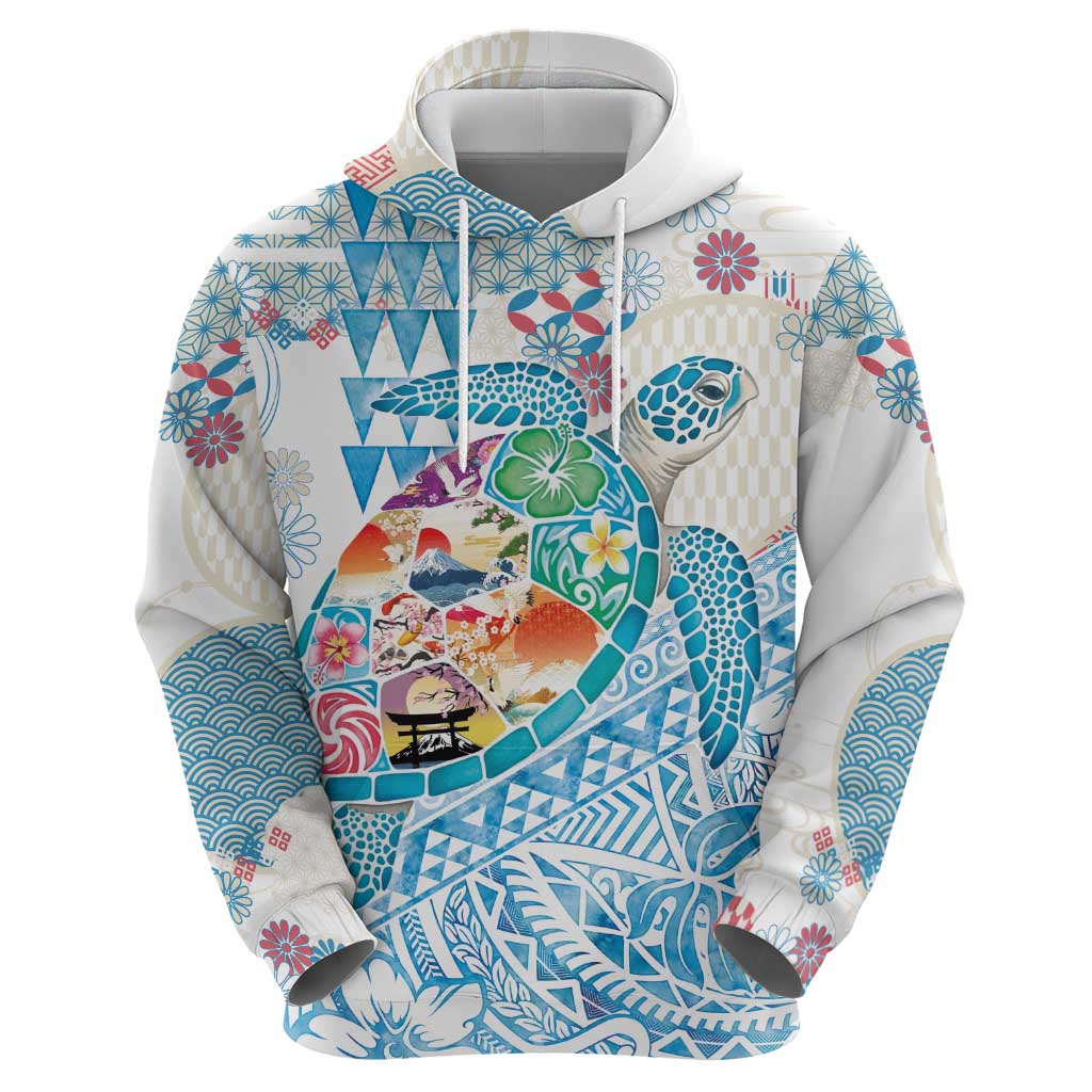 Hawaiian and Japanese Culture Together Hoodie Tropical Honu with Japanese Elements Blue Color
