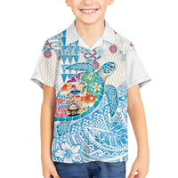 Hawaiian and Japanese Culture Together Kid Hawaiian Shirt Tropical Honu with Japanese Elements Blue Color