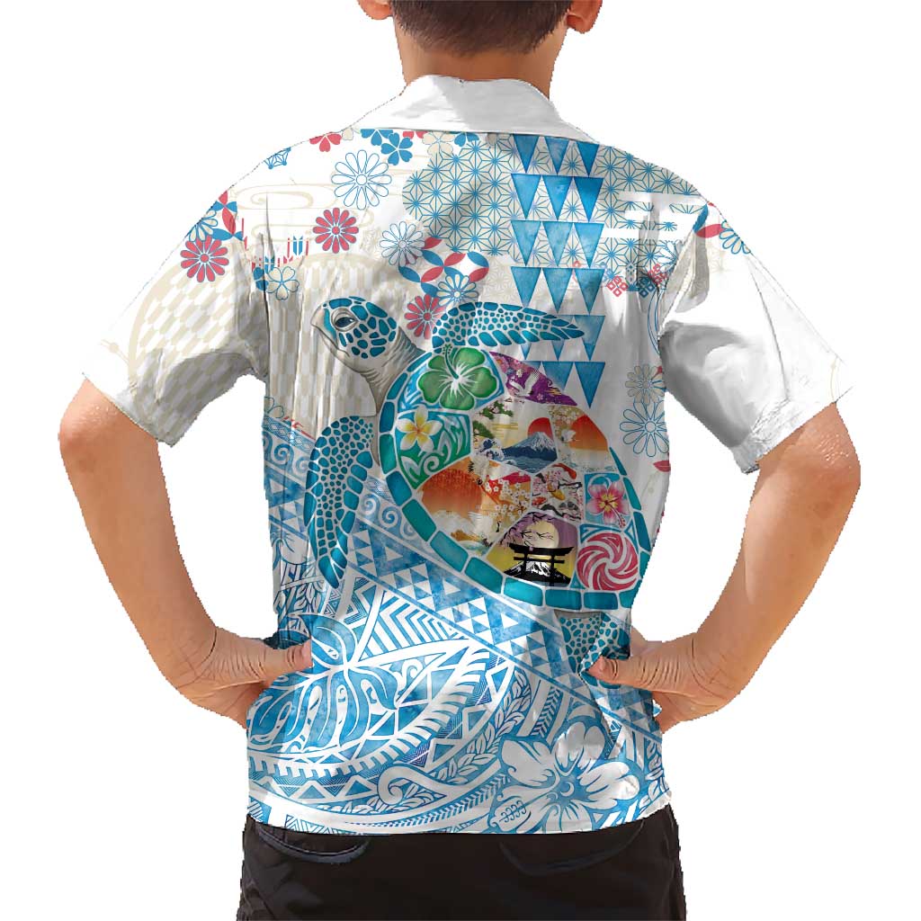 Hawaiian and Japanese Culture Together Kid Hawaiian Shirt Tropical Honu with Japanese Elements Blue Color