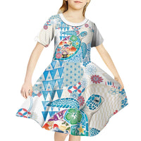 Hawaiian and Japanese Culture Together Kid Short Sleeve Dress Tropical Honu with Japanese Elements Blue Color