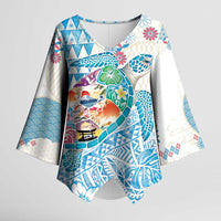 Hawaiian and Japanese Culture Together Kimono Sleeve Blouse Tropical Honu with Japanese Elements Blue Color