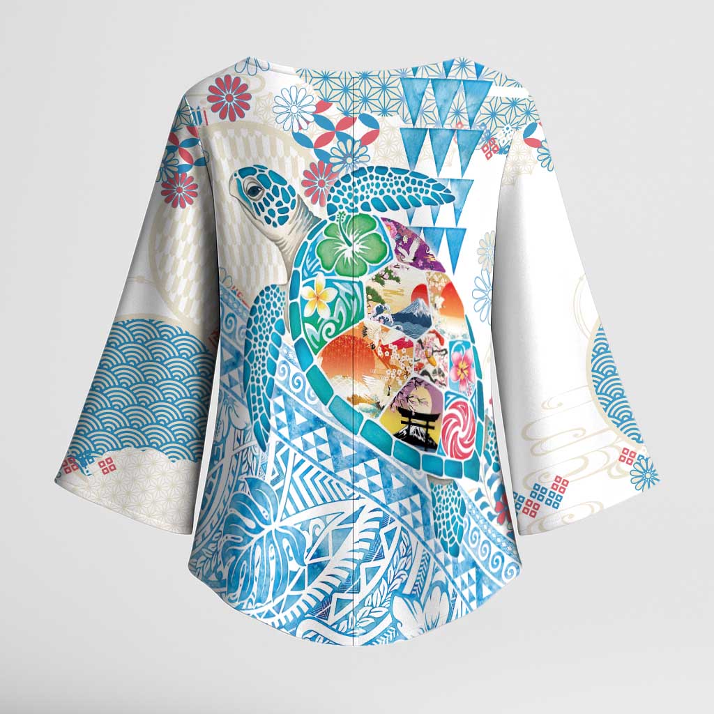 Hawaiian and Japanese Culture Together Kimono Sleeve Blouse Tropical Honu with Japanese Elements Blue Color