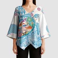 Hawaiian and Japanese Culture Together Kimono Sleeve Blouse Tropical Honu with Japanese Elements Blue Color
