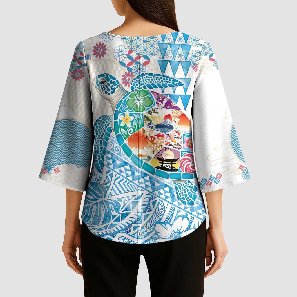 Hawaiian and Japanese Culture Together Kimono Sleeve Blouse Tropical Honu with Japanese Elements Blue Color