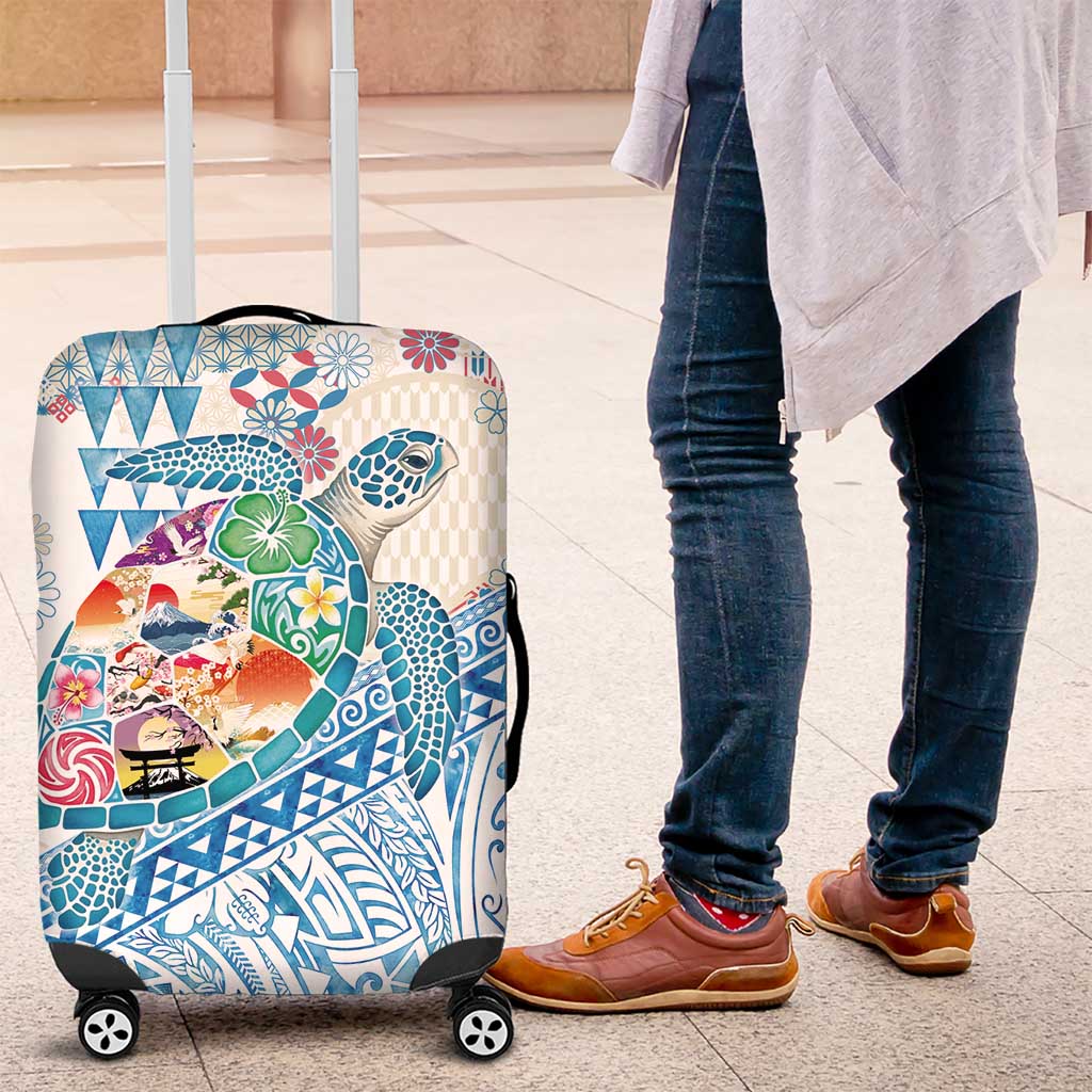Hawaiian and Japanese Culture Together Luggage Cover Tropical Honu with Japanese Elements Blue Color