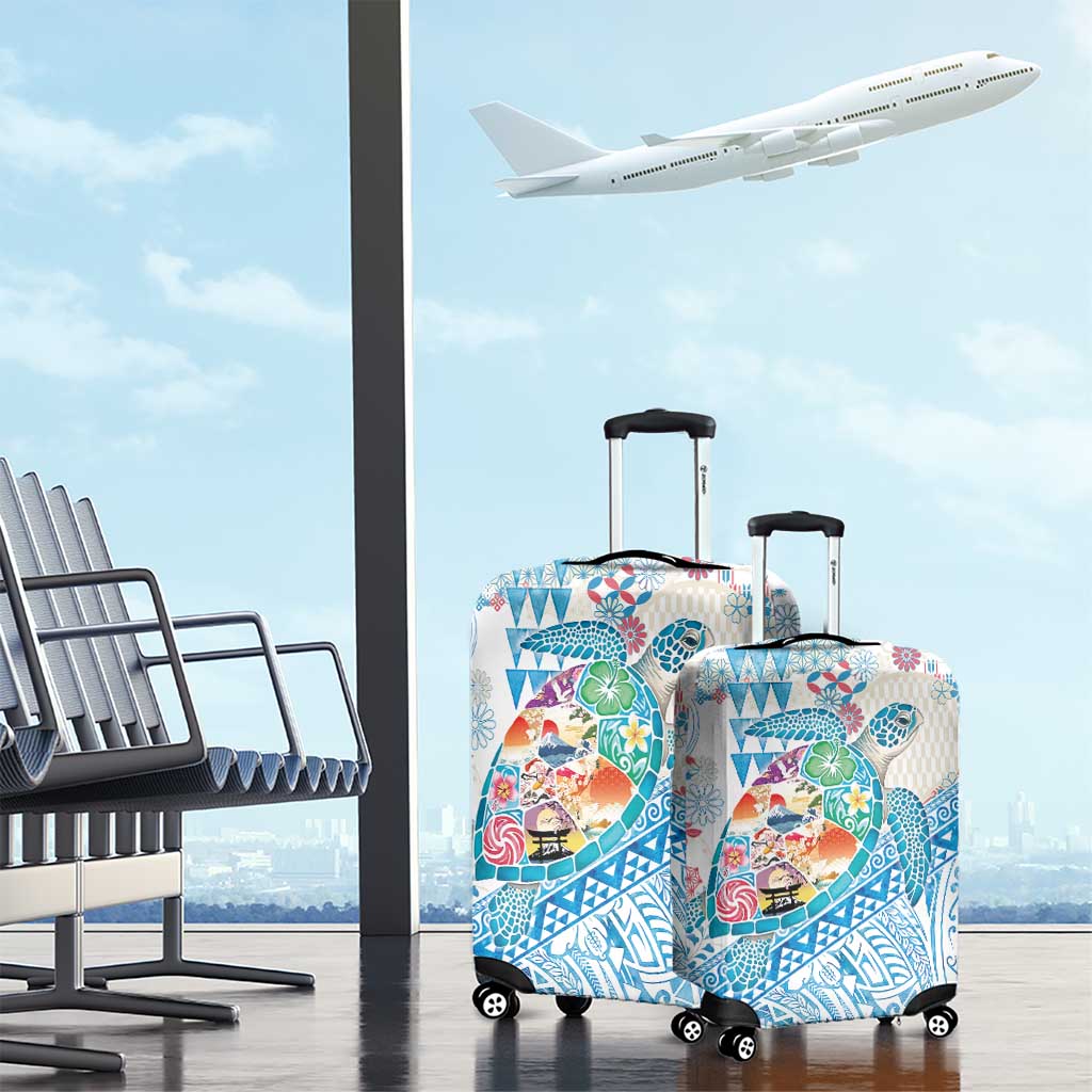 Hawaiian and Japanese Culture Together Luggage Cover Tropical Honu with Japanese Elements Blue Color