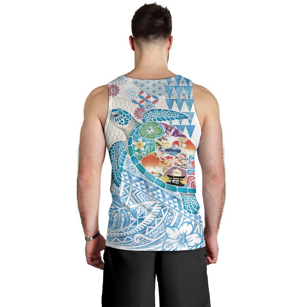 Hawaiian and Japanese Culture Together Men Tank Top Tropical Honu with Japanese Elements Blue Color