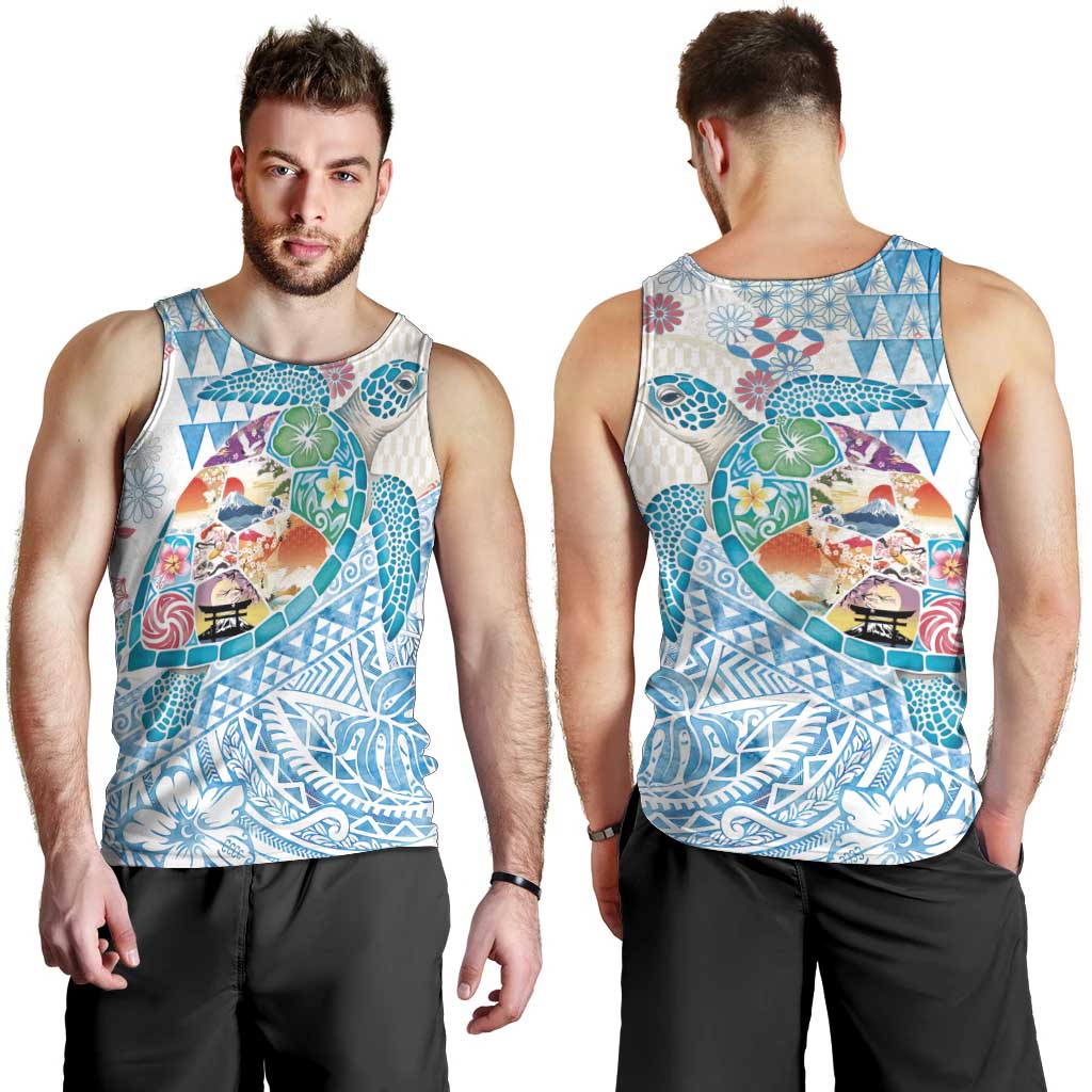 Hawaiian and Japanese Culture Together Men Tank Top Tropical Honu with Japanese Elements Blue Color