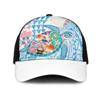 Hawaiian and Japanese Culture Together Mesh Trucker Cap Tropical Honu with Japanese Elements Blue Color LT03 One Size Black Blue - Polynesian Pride