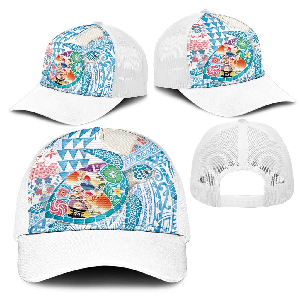 Hawaiian and Japanese Culture Together Mesh Trucker Cap Tropical Honu with Japanese Elements Blue Color LT03 - Polynesian Pride