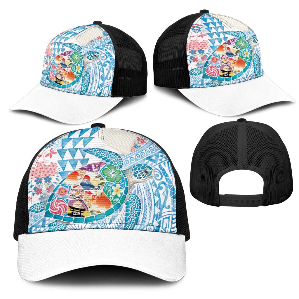 Hawaiian and Japanese Culture Together Mesh Trucker Cap Tropical Honu with Japanese Elements Blue Color LT03 - Polynesian Pride