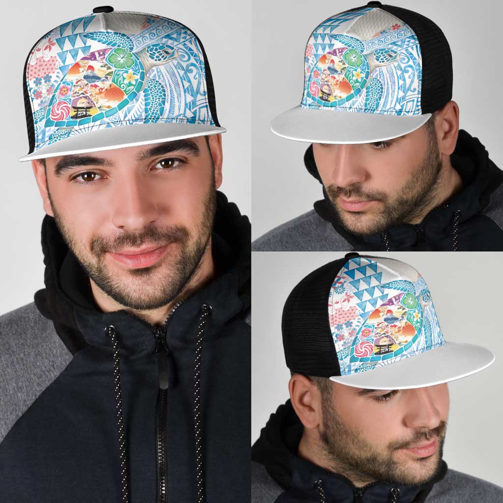 Hawaiian and Japanese Culture Together Mesh Trucker Cap Tropical Honu with Japanese Elements Blue Color LT03 - Polynesian Pride