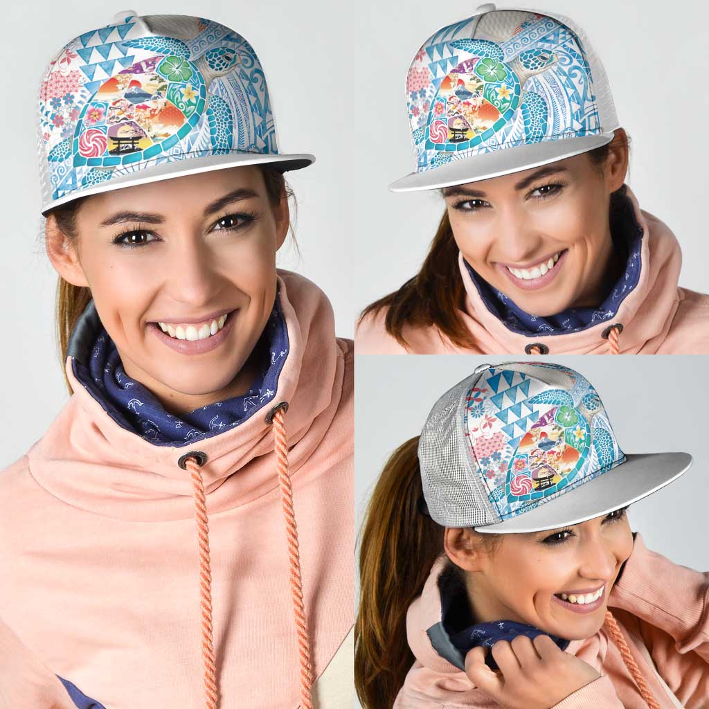 Hawaiian and Japanese Culture Together Mesh Trucker Cap Tropical Honu with Japanese Elements Blue Color LT03 - Polynesian Pride