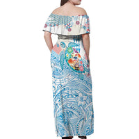 Hawaiian and Japanese Culture Together Off Shoulder Maxi Dress Tropical Honu with Japanese Elements Blue Color