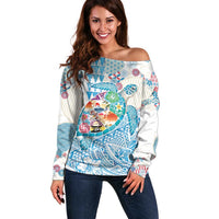 Hawaiian and Japanese Culture Together Off Shoulder Sweater Tropical Honu with Japanese Elements Blue Color