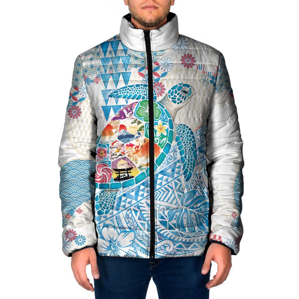Hawaiian and Japanese Culture Together Padded Jacket Tropical Honu with Japanese Elements Blue Color LT03 Men Blue - Polynesian Pride