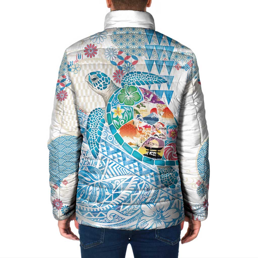 Hawaiian and Japanese Culture Together Padded Jacket Tropical Honu with Japanese Elements Blue Color LT03 - Polynesian Pride