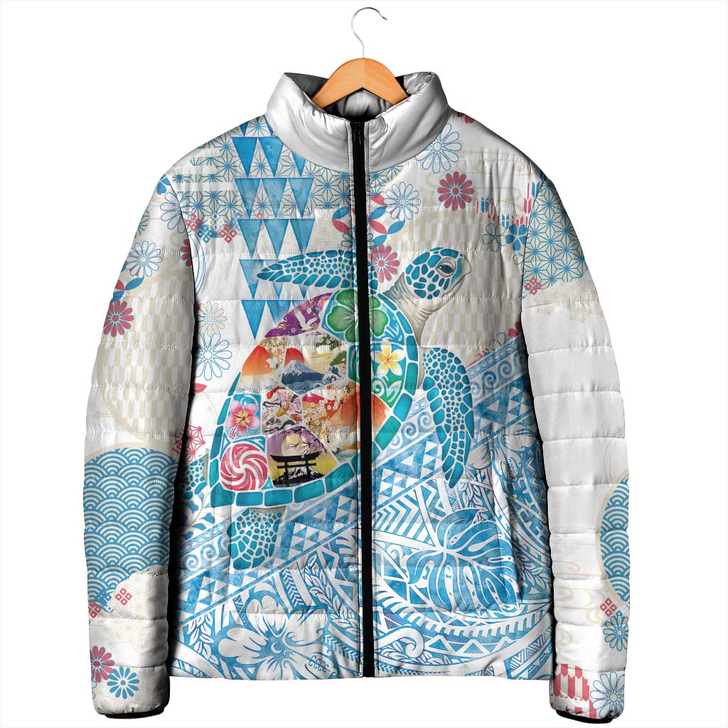 Hawaiian and Japanese Culture Together Padded Jacket Tropical Honu with Japanese Elements Blue Color LT03 - Polynesian Pride