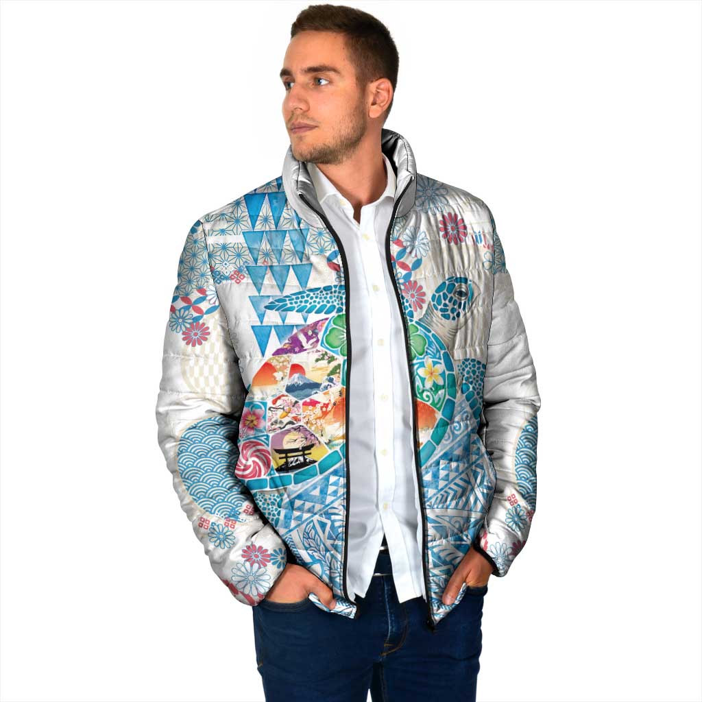 Hawaiian and Japanese Culture Together Padded Jacket Tropical Honu with Japanese Elements Blue Color LT03 - Polynesian Pride