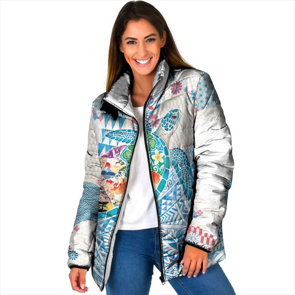 Hawaiian and Japanese Culture Together Padded Jacket Tropical Honu with Japanese Elements Blue Color LT03 Women Blue - Polynesian Pride