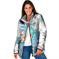 Hawaiian and Japanese Culture Together Padded Jacket Tropical Honu with Japanese Elements Blue Color LT03 Women Blue - Polynesian Pride