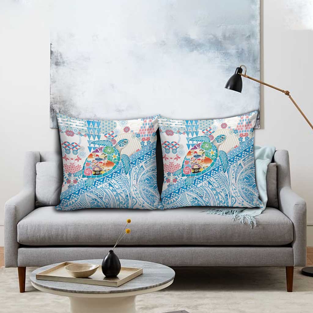 Hawaiian and Japanese Culture Together Pillow Cover Tropical Honu with Japanese Elements Blue Color
