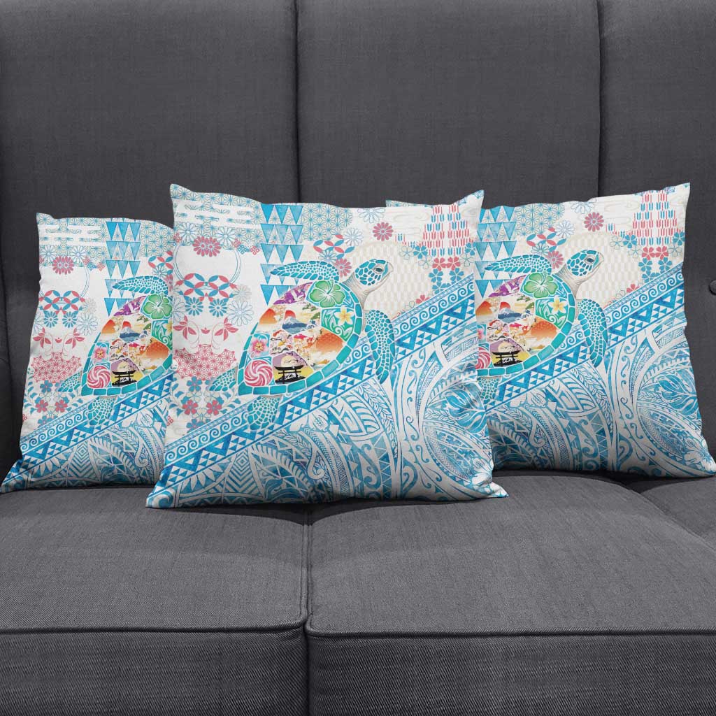 Hawaiian and Japanese Culture Together Pillow Cover Tropical Honu with Japanese Elements Blue Color