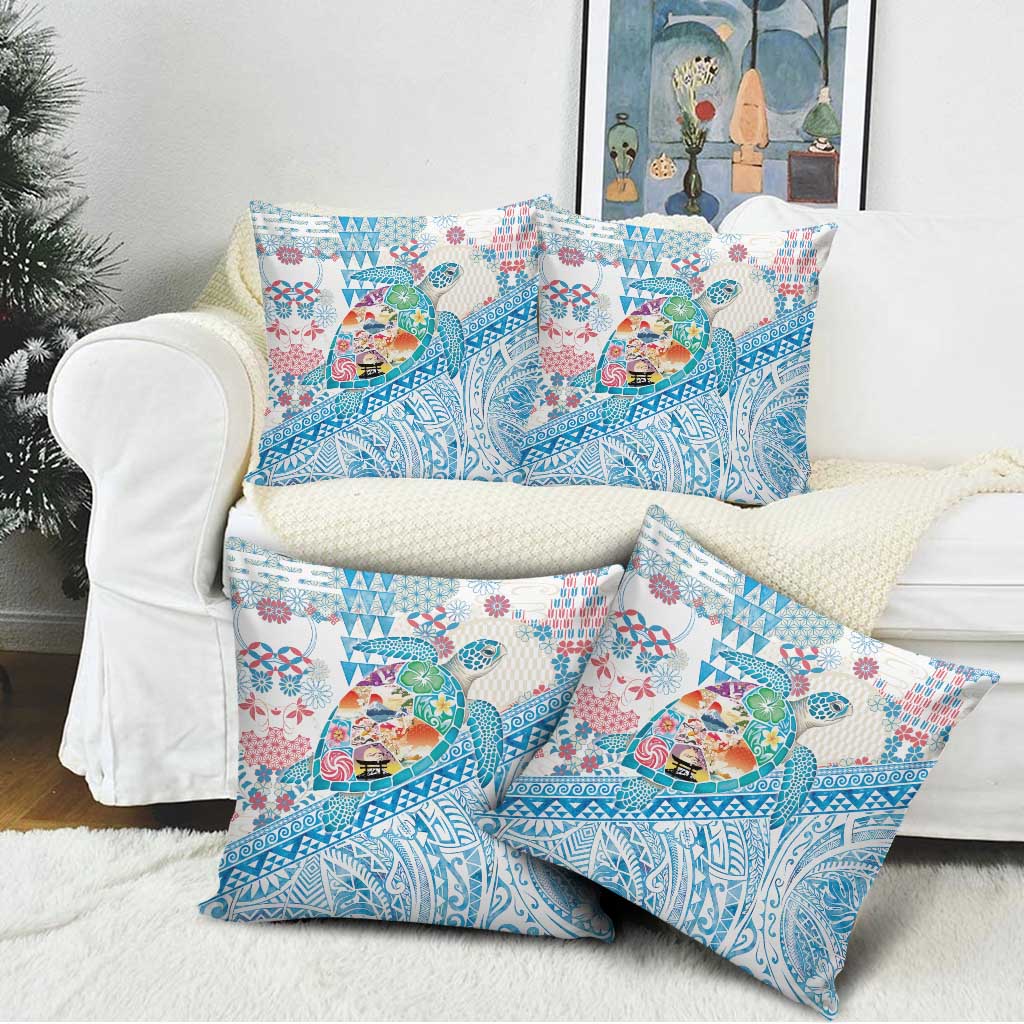 Hawaiian and Japanese Culture Together Pillow Cover Tropical Honu with Japanese Elements Blue Color