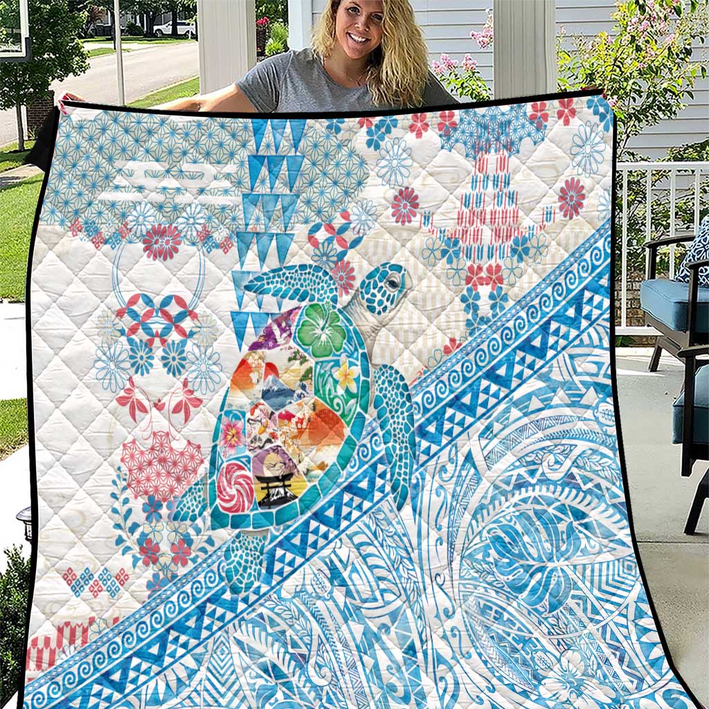 Hawaiian and Japanese Culture Together Quilt Tropical Honu with Japanese Elements Blue Color LT03 Blue - Polynesian Pride