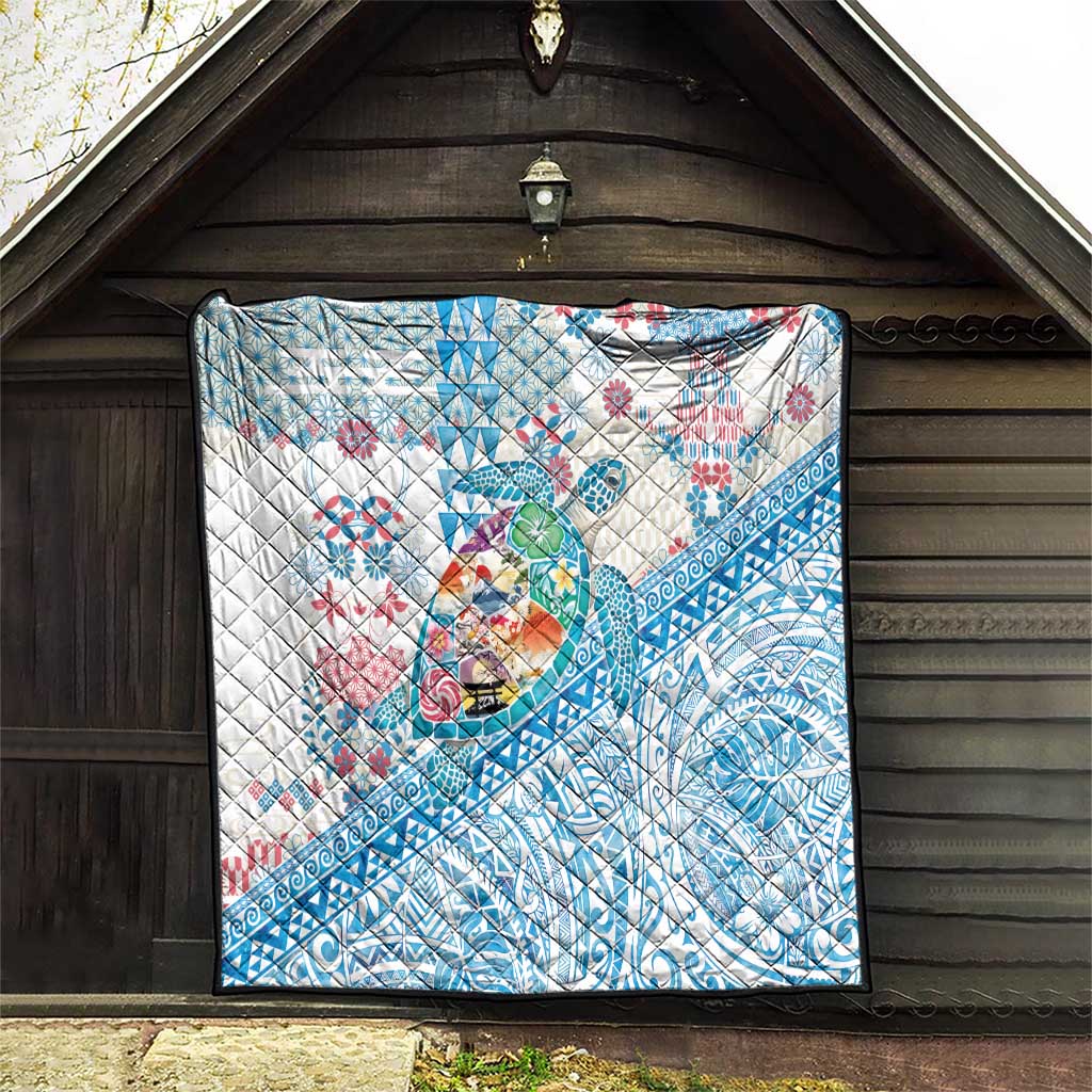 Hawaiian and Japanese Culture Together Quilt Tropical Honu with Japanese Elements Blue Color