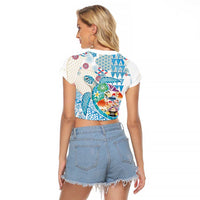 Hawaiian and Japanese Culture Together Raglan Cropped T Shirt Tropical Honu with Japanese Elements Blue Color