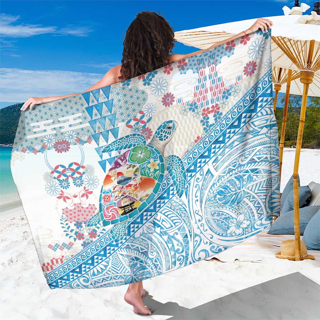 Hawaiian and Japanese Culture Together Sarong Tropical Honu with Japanese Elements Blue Color LT03 One Size 44 x 66 inches Blue - Polynesian Pride