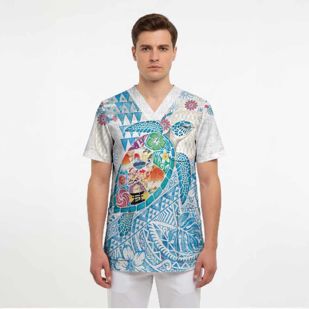Hawaiian and Japanese Culture Together Scrub Top Tropical Honu with Japanese Elements Blue Color