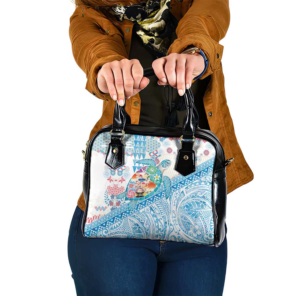 Hawaiian and Japanese Culture Together Shoulder Handbag Tropical Honu with Japanese Elements Blue Color
